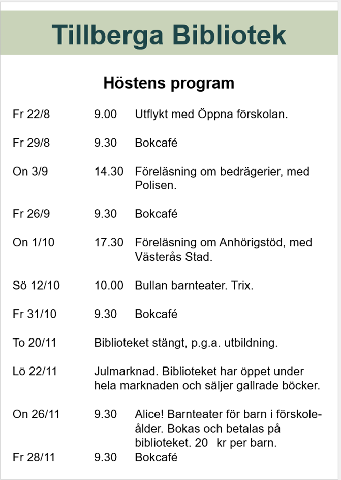 Höstens program på Tillberga Bibliotek