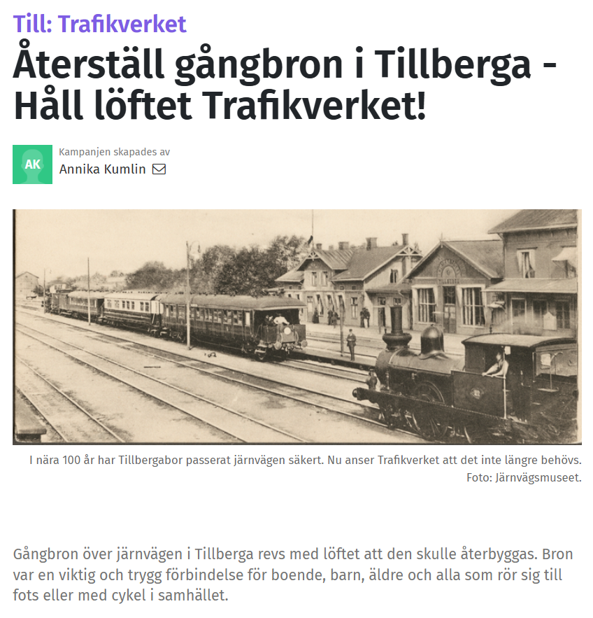 Namninsamling för att återställa gångbron över järnvägen